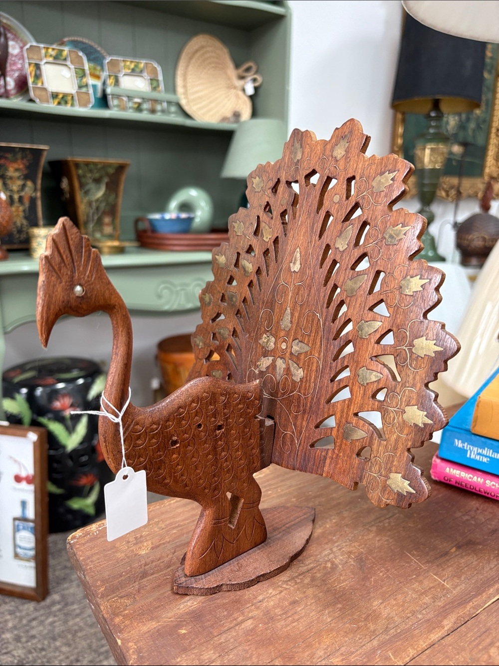 Hand-Carved Wooden Peacock Figurine - Rich Brown with Brass Accents